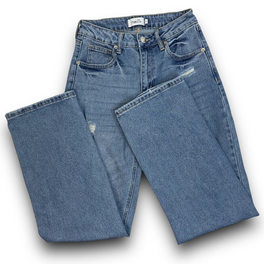 Rue 21 Womens Relaxed Baggy Mid Rise Waist Jeans Distressed Medium Wash Size 2 - Picture 4 of 8